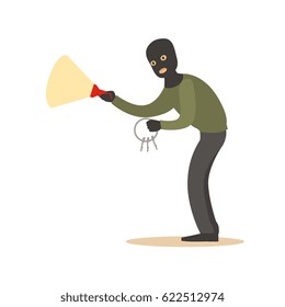 Thief in a black mask with master keys and flashlight. Colorful cartoon character vector Illustration