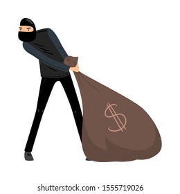 Thief in black mask pulls a bag of money. Vector illustration in flat cartoon style.