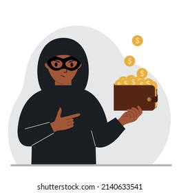 A thief in a black mask with a purse of coins with a dollar sign. Cyber attack, mobile phishing, fraud, hacker, theft, theft. Vector flat illustration