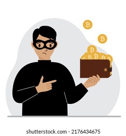Thief in a black mask with a purse of coins with a bitcoin sign. Cyber attack, mobile phishing, fraud, hacker, theft, theft. Vector flat illustration