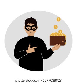 A thief in a black mask with a purse of coins with a dollar sign. Cyber attack, mobile phishing, fraud, hacker, theft, theft. Vector flat illustration