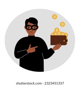 Thief in a black mask with a purse of coins with a bitcoin sign. Cyber attack, mobile phishing, fraud, hacker, theft, theft. Vector flat illustration