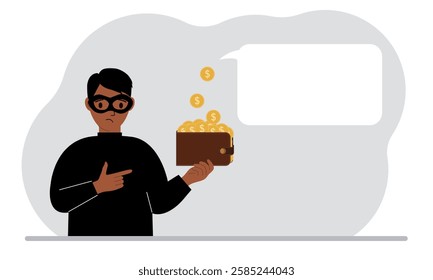 A thief in a black mask with a purse of coins with a dollar sign. Cyber attack, mobile phishing, fraud, hacker, theft, theft.