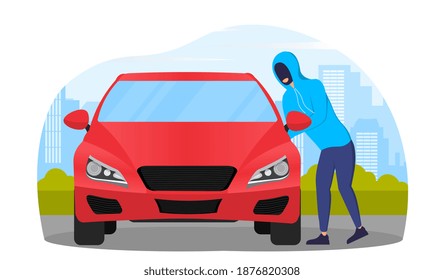 Thief In Black Mask Stealing Red Car. Concept Of Vandalism And Burglary. Auto Theft. Flat Cartoon Vector Illustration