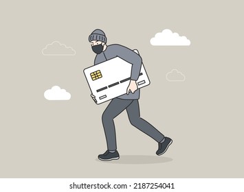 Thief in a black mask stole credit card and is running away. Hand drawn style vector design illustrations.