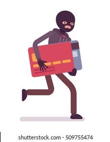 Thief in a black mask stole credit card and is running away. Cartoon vector flat-style concept illustration