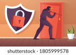 Thief in black mask trying to force door flat vector illustration
