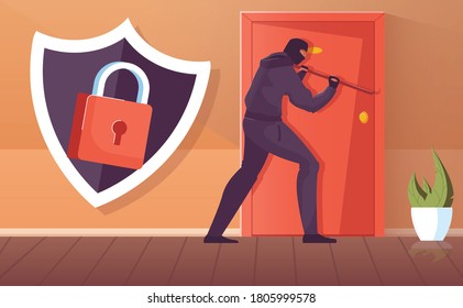 Thief in black mask trying to force door flat vector illustration