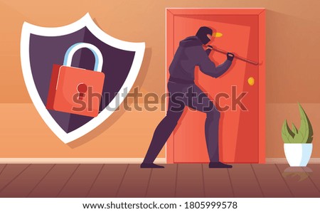 Thief in black mask trying to force door flat vector illustration