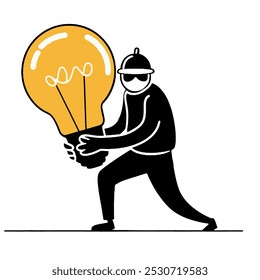 a thief in black stealing light bulb idea from other. Stealing idea or plagiarism, piracy on intellectual property or infringement concept