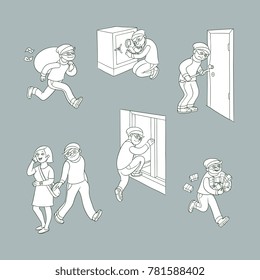 Thief - break into house, picklock, open a door, runn with loot, pickpocket, black and white set of isolated hand drawn vector illustrations, oulines, coloring page. Set of thief, burglar at work