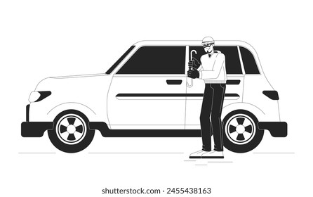 Dieb bricht in Auto schwarz und weiß Cartoon flache Illustration. Kaukasischer Krimineller stehlen Auto 2D Lineart Charakter isoliert. Rechtswidrige Handlungen mit Fahrzeug-Monochrom-Szenen-Vektorgrafik-Umriss-Bild