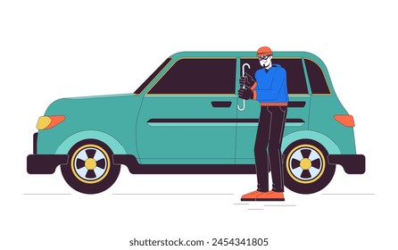 Ladrón irrumpiendo en la línea del coche ilustración plana de dibujos animados. Hombre criminal caucásico robando auto 2D lineart personaje aislado en fondo blanco. Acciones ilegales con la Imagen del color del Vector de la escena del vehículo