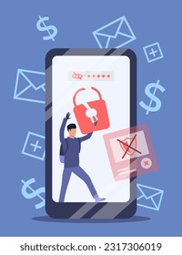 Diebstahlsicherung auf Smartphone-Bildschirm, Vektorgrafik. Hacker-Angriff auf persönliche und Unternehmensnachrichten, Daten, Finanzen und Accounts. Cyberangriff, Cybersicherheit, Datenschutzkonzept