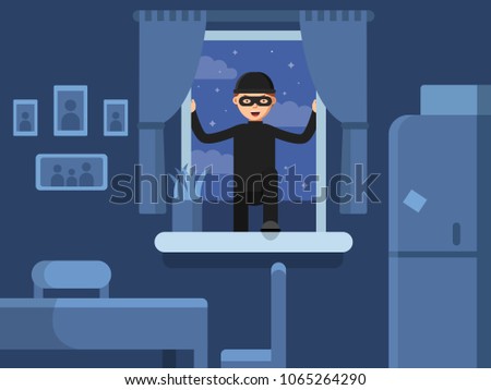 Thief broken in through the window. Burglar broken window, criminal robber in mask, vector illustration