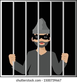 Thief/ Burglar arrested in jail (prison) Idea for criminal concept. Vector Illustration.