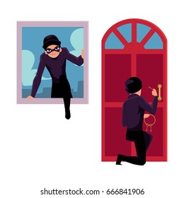 Thief, Burglar Breaking In House Through Front Door And Window, Cartoon Vector Illustration Isolated On White Background. Burglar, Thief Breaking Into House By Snapping Door Lock, Climbing In Window