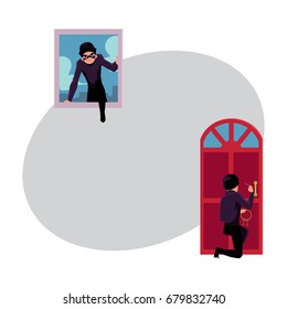 Thief, Burglar Breaking In House Through Front Door And Window, Cartoon Vector Illustration With Space For Text. Burglar, Thief Breaking Into House By Snapping Door Lock, Climbing In Window