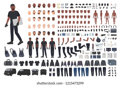 Thief or burglar constructor set. Bundle of flat male cartoon character body parts, hand gestures, facial expressions, clothing and accessories isolated on white background. Vector illustration.