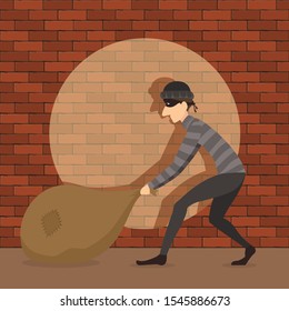 The thief or burglar drags a large sack. Robber in dark clothes with full bag on brick wall background. Dangerous masked criminal. Illustration with cartoon character.