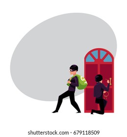 Thief, burglar, robber breaking in house, walking away with money bag, cartoon vector illustration with space for text. Burglar, robber, thief breaking into house, going away with money