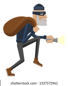 A thief, burglar or robber criminal cartoon mascot with his bag of swag and torch