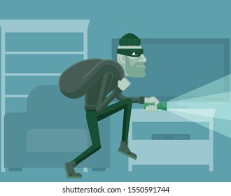 A Thief, Burglar Or Robber Criminal Cartoon Character With His Bag Of Swag And Torch Prowling In A House