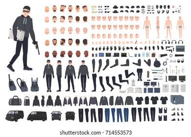 Thief, burglar or robber DIY kit. Collection of flat male cartoon character body parts in different positions, skin types, clothing and accessories isolated on white background. Vector illustration. Thief, burglar or robber DIY kit. Collection of flat male cartoon character body parts in different positions, skin types, clothing and accessories isolated on white background. Vector illustration.
