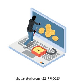 Thief burglar robber isometric composition with isolated fraud view with criminal wearing mask vector illustration