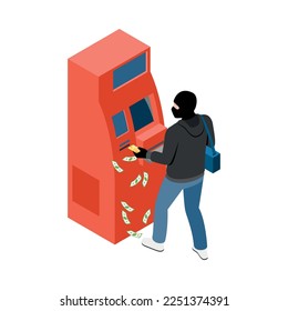 Thief burglar robber isometric composition with isolated fraud view with criminal wearing mask vector illustration