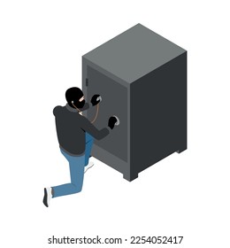Thief burglar robber isometric composition with isolated fraud view with criminal wearing mask vector illustration
