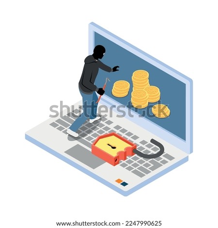 Thief burglar robber isometric composition with isolated fraud view with criminal wearing mask vector illustration