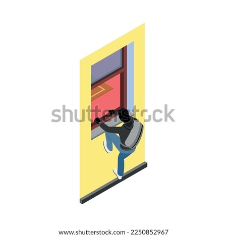 Thief burglar robber isometric composition with isolated fraud view with criminal wearing mask vector illustration