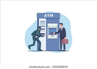 Thief or burglar stealing money from ATM. Man in the mask with money. Criminal character. Isolated illustration in cartoon style