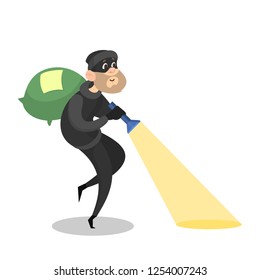 Thief or burglar stealing money. Man in the mask with bag full of money. Criminal character. Isolated vector illustration in cartoon style