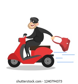 Thief or burglar stealing woman bag and ride away on scooter . Man in the mask with money. Criminal character. Isolated vector illustration in cartoon style