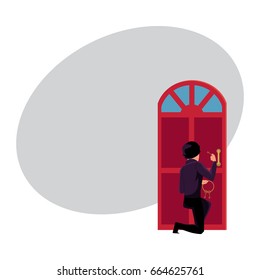 Thief, burglar trying to break in house by lockpicking door, cartoon vector illustration with space for text. Burglar, robber, thief in disguise breaking into house, trying to force open door