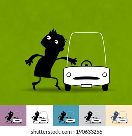 Thief. Business illustration (EPS 10). Animation friendly: the elements (legs, arms, heads etc) are in the separate layers. Seamless pattern on the background (color can be changed)