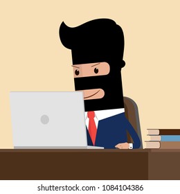 Thief businessman hacking using laptop. Vector illustration