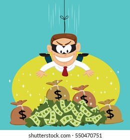 Thief businessman hanging by a rope steal with sack money, vector illustration cartoon