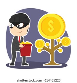 thief businessman harvesting coins from someone else coin tree