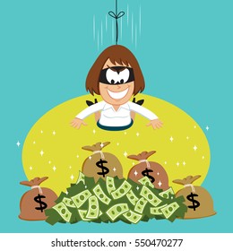 Thief businesswoman hanging by a rope steal with sack money, vector illustration cartoon