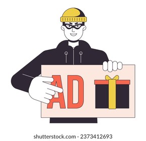 Thief in cap flat line color vector character. Advertising fraud. Click for prize. Editable outline half body person on white. Cybercrime simple cartoon spot illustration for web graphic design
