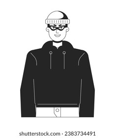 Thief in cap gloating flat line black white vector character. Young caucasian man in hoodie. Editable outline half body person. Simple cartoon isolated spot illustration for web graphic design