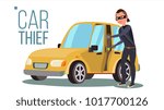 Thief And Car Vector. Breaking Into Car. Insurance Concept. Burglar, Robber, Thief, Robbery, Purse. Isolated Flat Cartoon Illustration