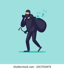 Thief carries a bag of money. Flat design vector illustration.