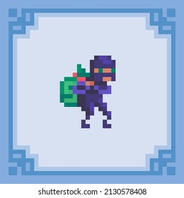 Thief Carries Sack With Money.Pixel Art Bandit Character. Vector Illustration In 8 Bit Style