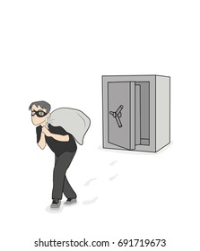 The thief carries a sack of stolen goods from the safe. vector illustration.