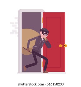 Thief carring loot through the front door. Cartoon vector flat-style concept illustration