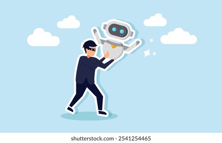 A thief carrying an AI robot, illustration of stealing ideas and sabotaging AI use in a business company